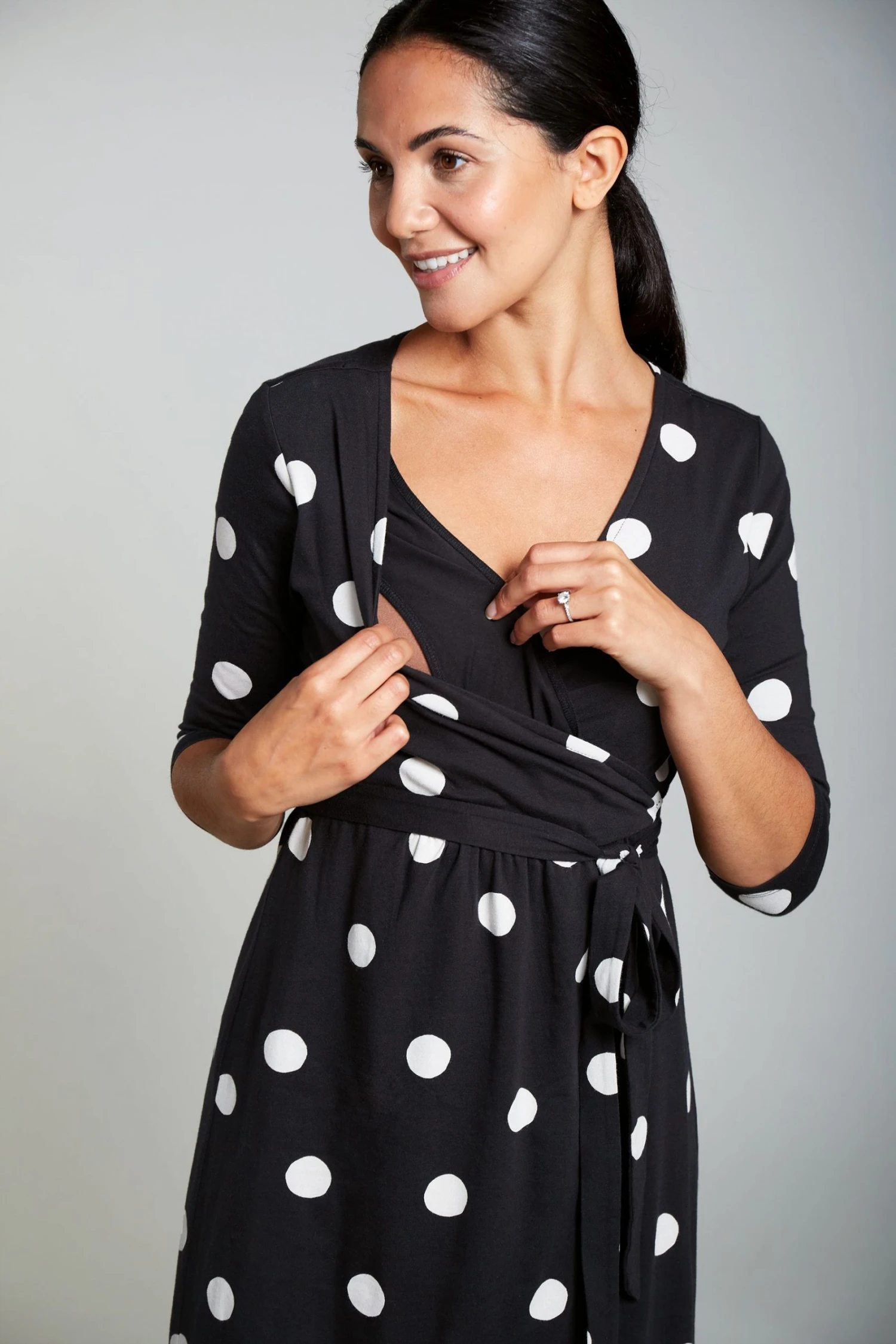 Frugi Organic Black Polka Maternity & Nursing Wrap Dress 5 Frugi Organic Black Polka Maternity & Nursing Wrap Dress - Image 3