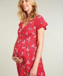 Frugi Maternity And Nursing Red Organic Floral Midi Dress