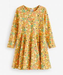 Frugi Organic Cotton Yellow Sofia Skater Dress - Floral