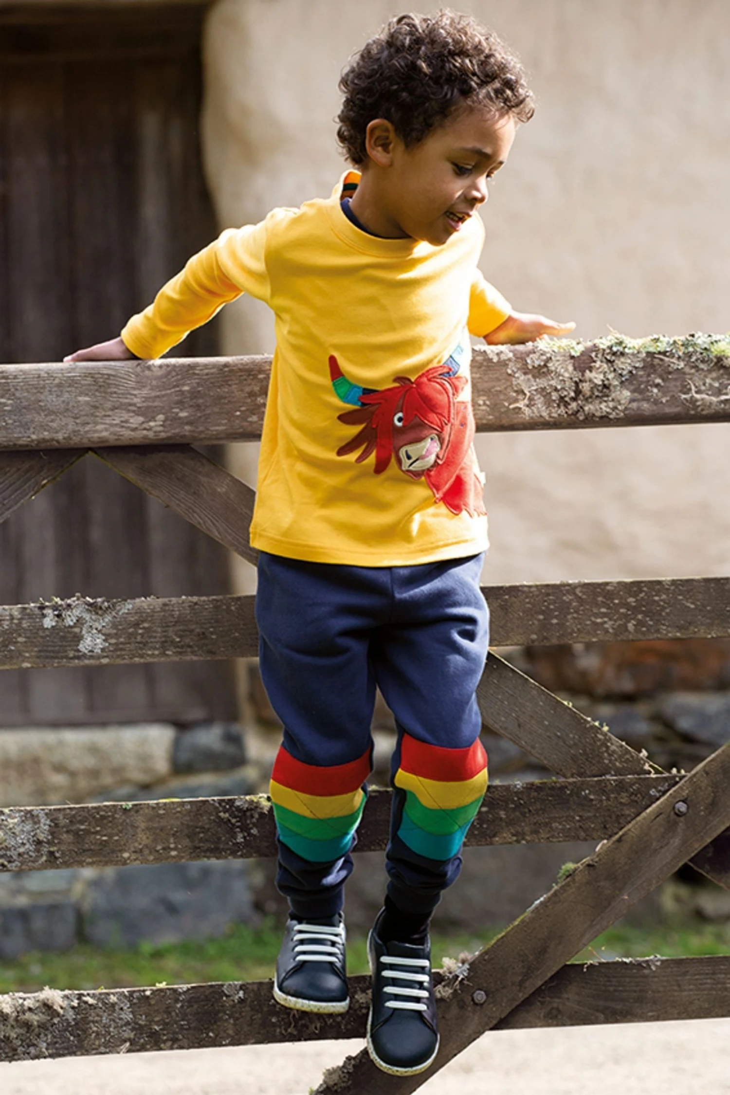 Frugi Navy Blue Organic Cotton Rainbow Knee Patch Joggers 3 Frugi Navy Blue Organic Cotton Rainbow Knee Patch Joggers