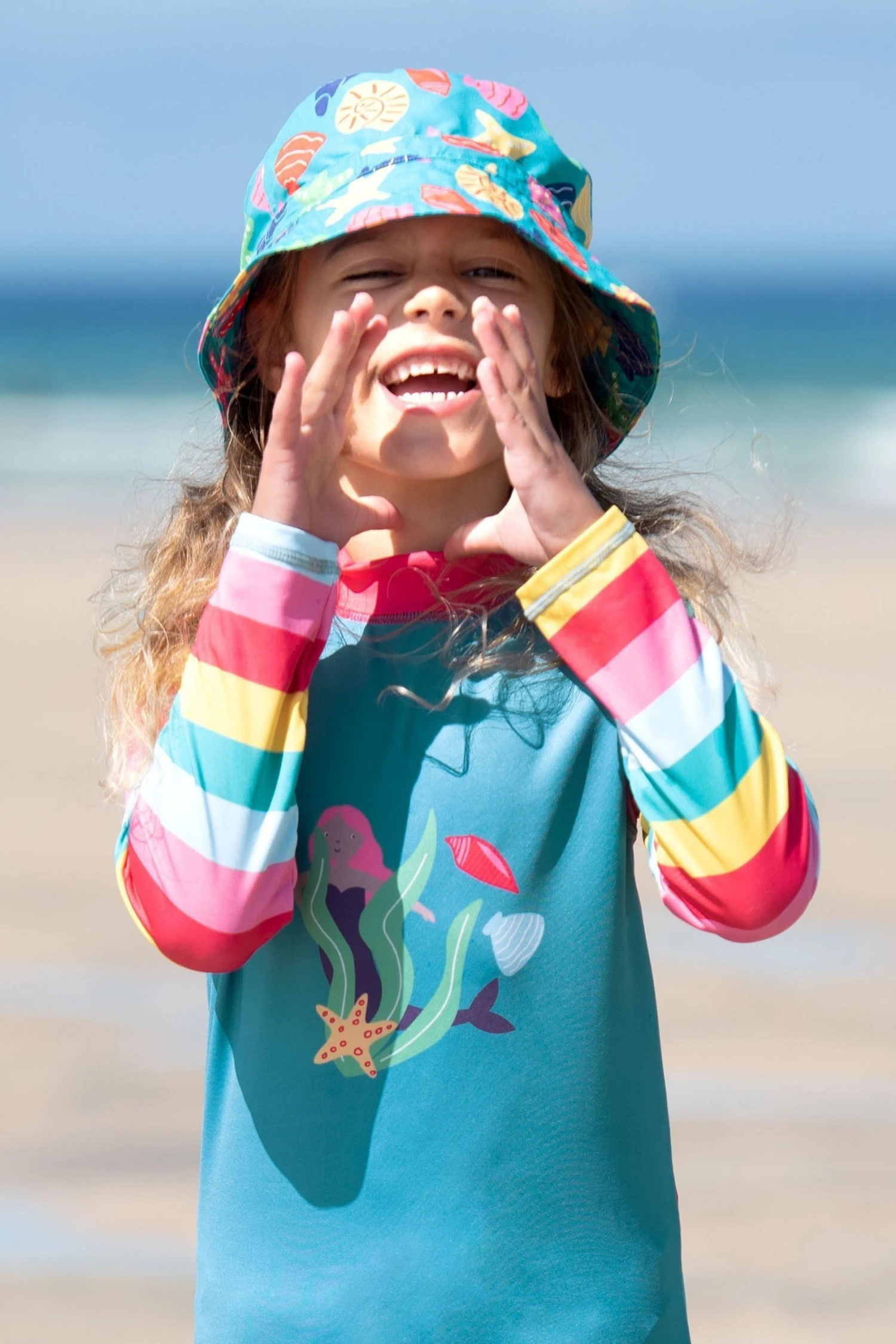 Frugi Blue Rainbow Stripe Mermaid UPF 50+ Sun Safe Rash Vest 3 Frugi Blue Rainbow Stripe Mermaid UPF 50+ Sun Safe Rash Vest