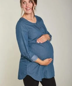 Frugi Blue Denim Pintuck Maternity Or Breastfeeding Cotton Tunic