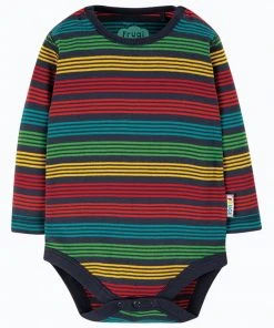 Frugi Blue Organic Cotton Long Sleeve Rainbow Stripe Bodysuit