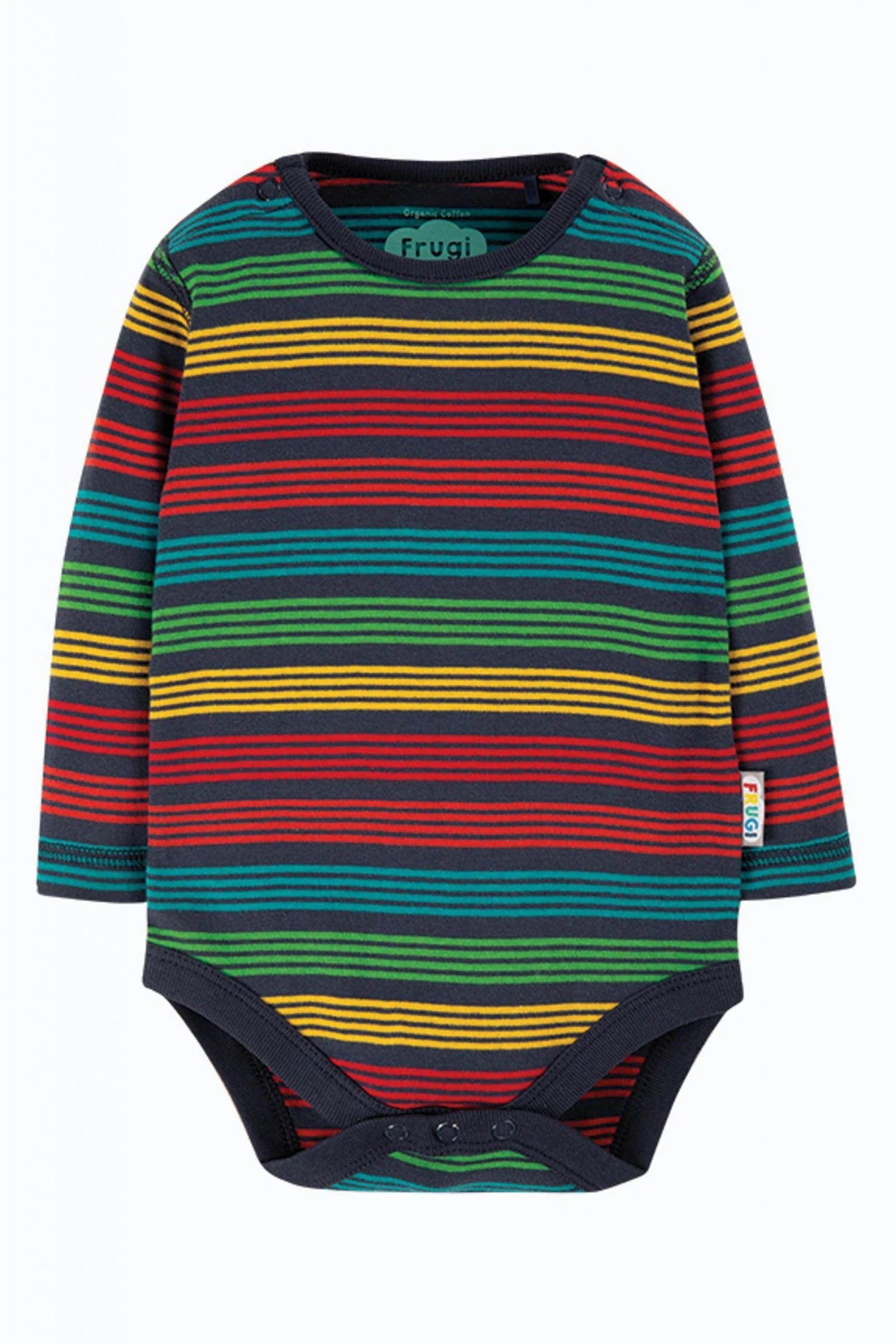 Frugi Blue Organic Cotton Long Sleeve Rainbow Stripe Bodysuit 3 Frugi Blue Organic Cotton Long Sleeve Rainbow Stripe Bodysuit