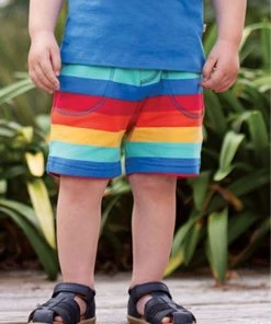 Frugi Red Organic Cotton Rainbow Stripe Jersey Shorts